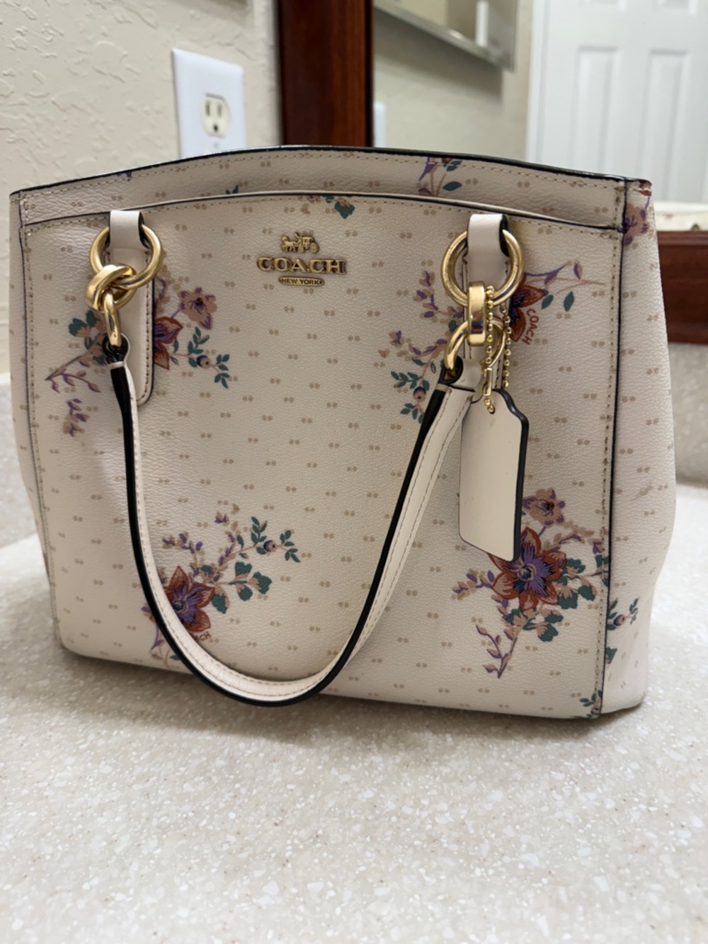 Coach Cream Floral Leather Tote with Gold Hardware